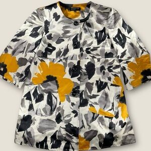 Jones New York Collection Swing Jacket M Cotton Silk Floral Yellow Black Art